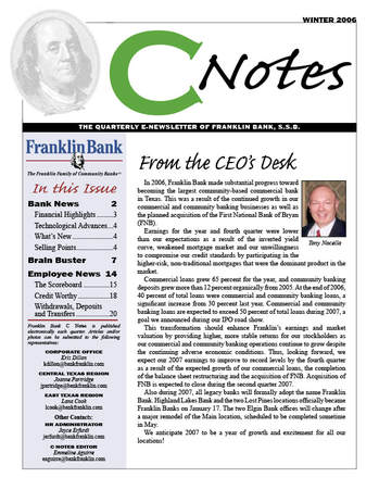 C Notes, quarterly corporate newsletter of Franklin Bank, S.S.B.