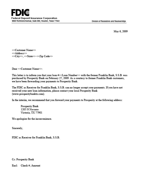 FDIC Loan Transfer Notification Letter