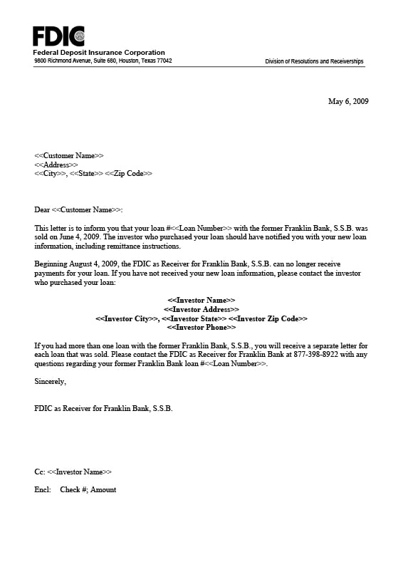 FDIC Loan Purchase Notification Letter
